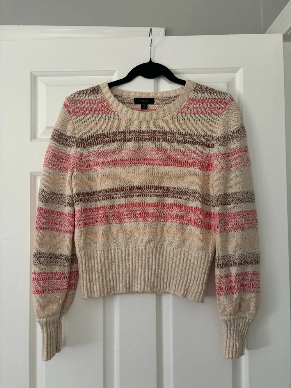 J.Crew 100% Cotton Striped Crewneck Sweater - Size XS - Cream Pink Brown Knit